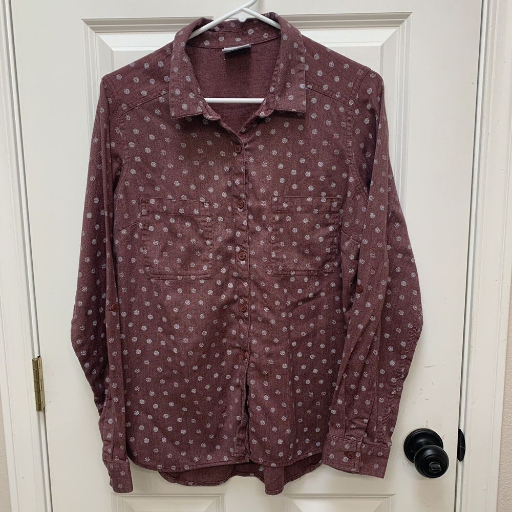 COLUMBIA Womens Red Polka Dotted Preppy Casual Button Down Roll Tab Sleeve Sz L